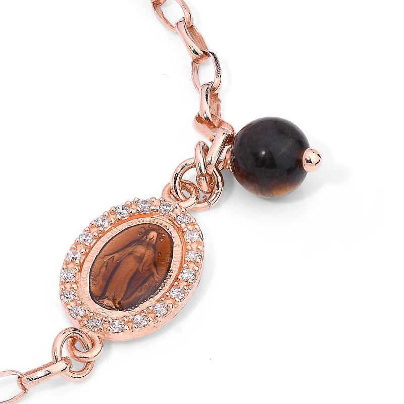 Bracciale in Argento Rose' con Immagine Sacra Caffe,Croce e Occhio di Tigre