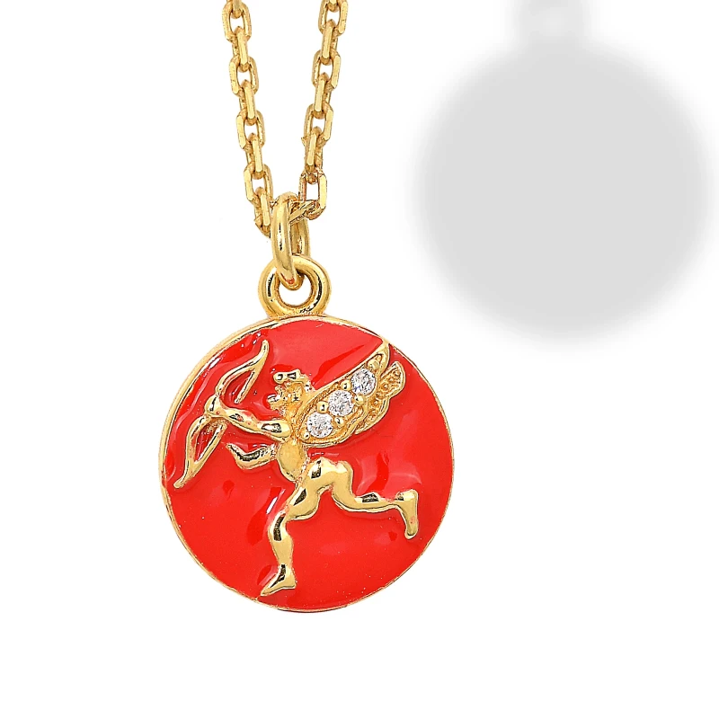 Collana in Argento con Medaglia Cupido Smaltato Rosso e Zirconi.